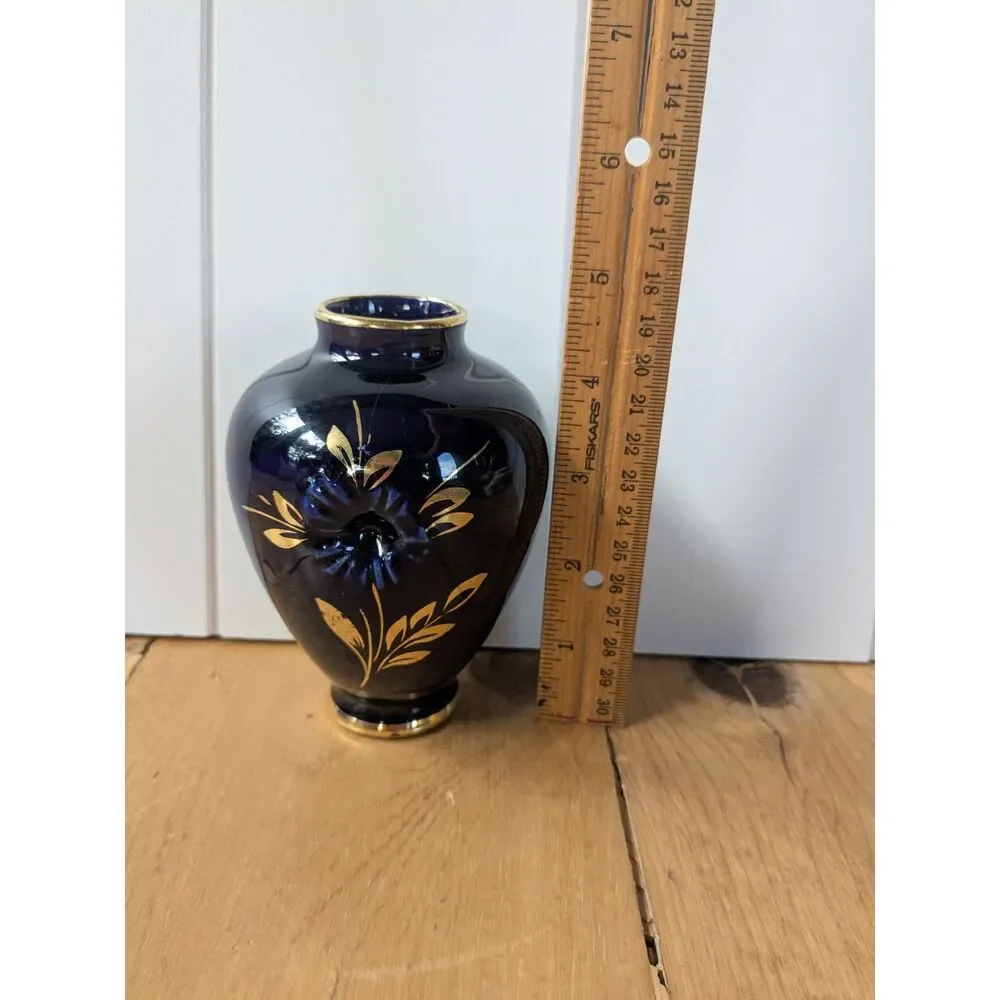 Vintage Cobalt Blue, Gold Flowers Vase by B&H Halbach Geschenke - Germany